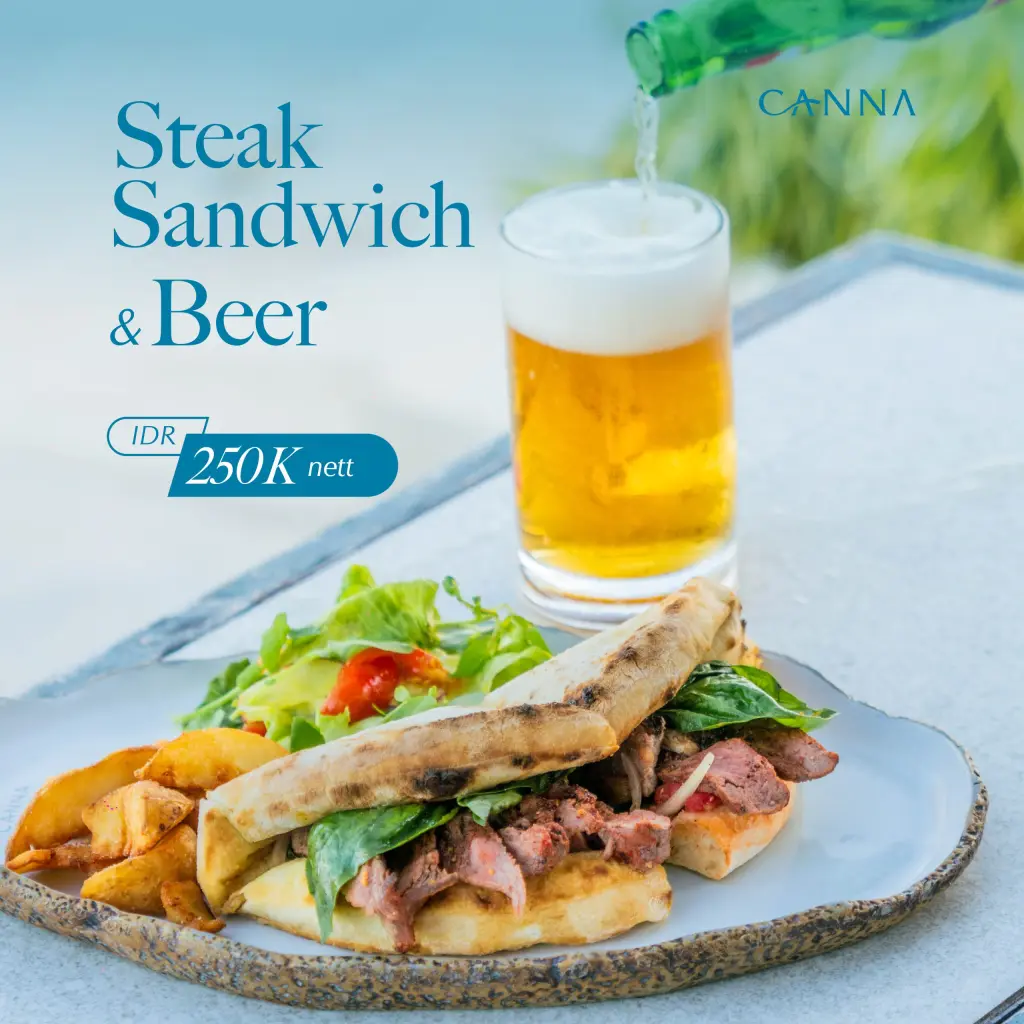 Steak sandwich and beer combo at Canna Bali Beach Club