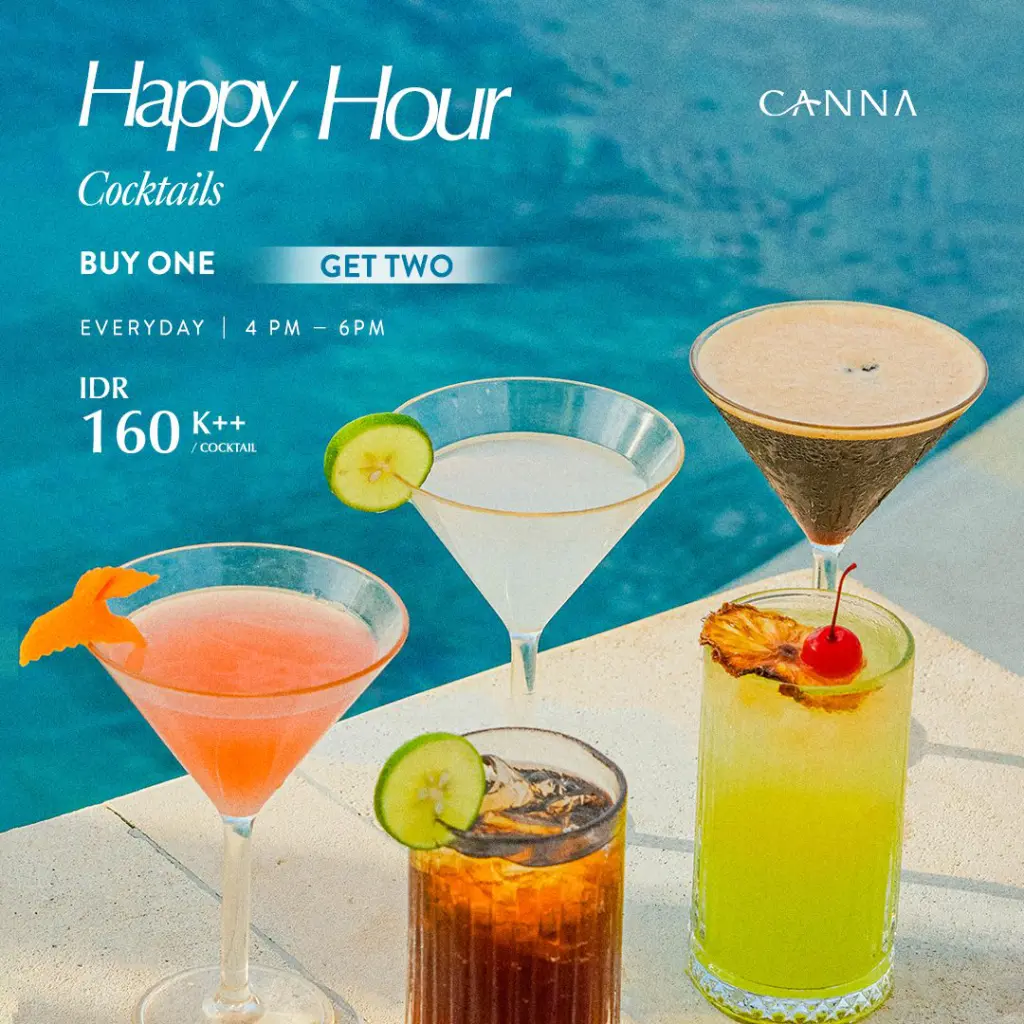 Refreshing cocktails served during Happy Hour at Canna Bali beachfront